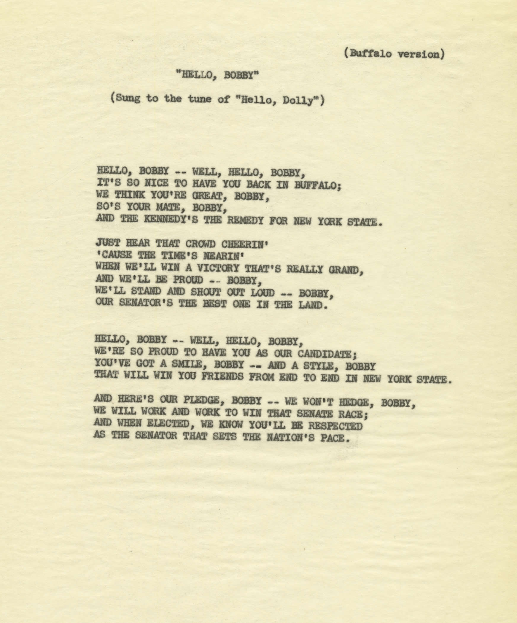 Unattributed special lyrics for “Hello, Bobby,” possibly by Sammy Cahn, circa 1964