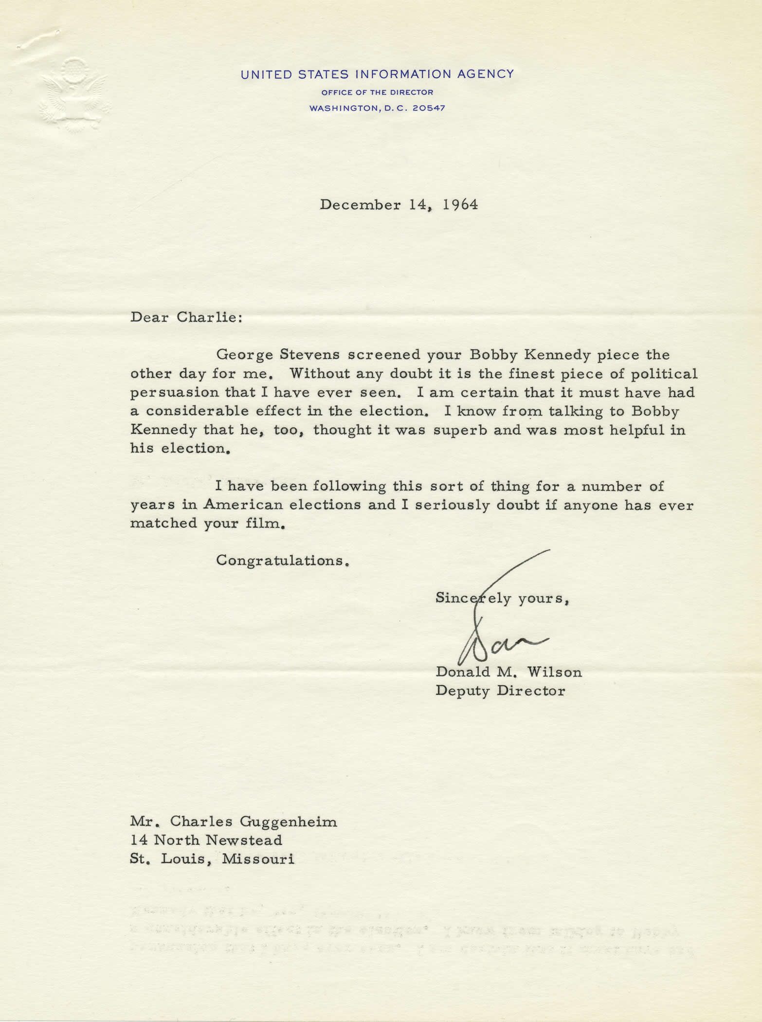 Letter from Donald M. Wilson to Charles Guggenheim, December 14, 1964 