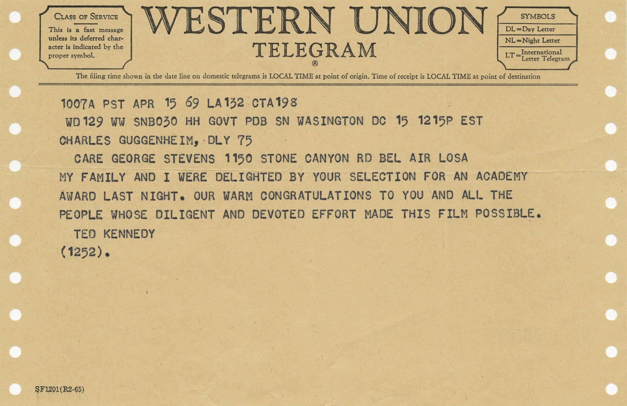 Telegram from Ted Kennedy to Charles Guggenheim, April 15, 1969