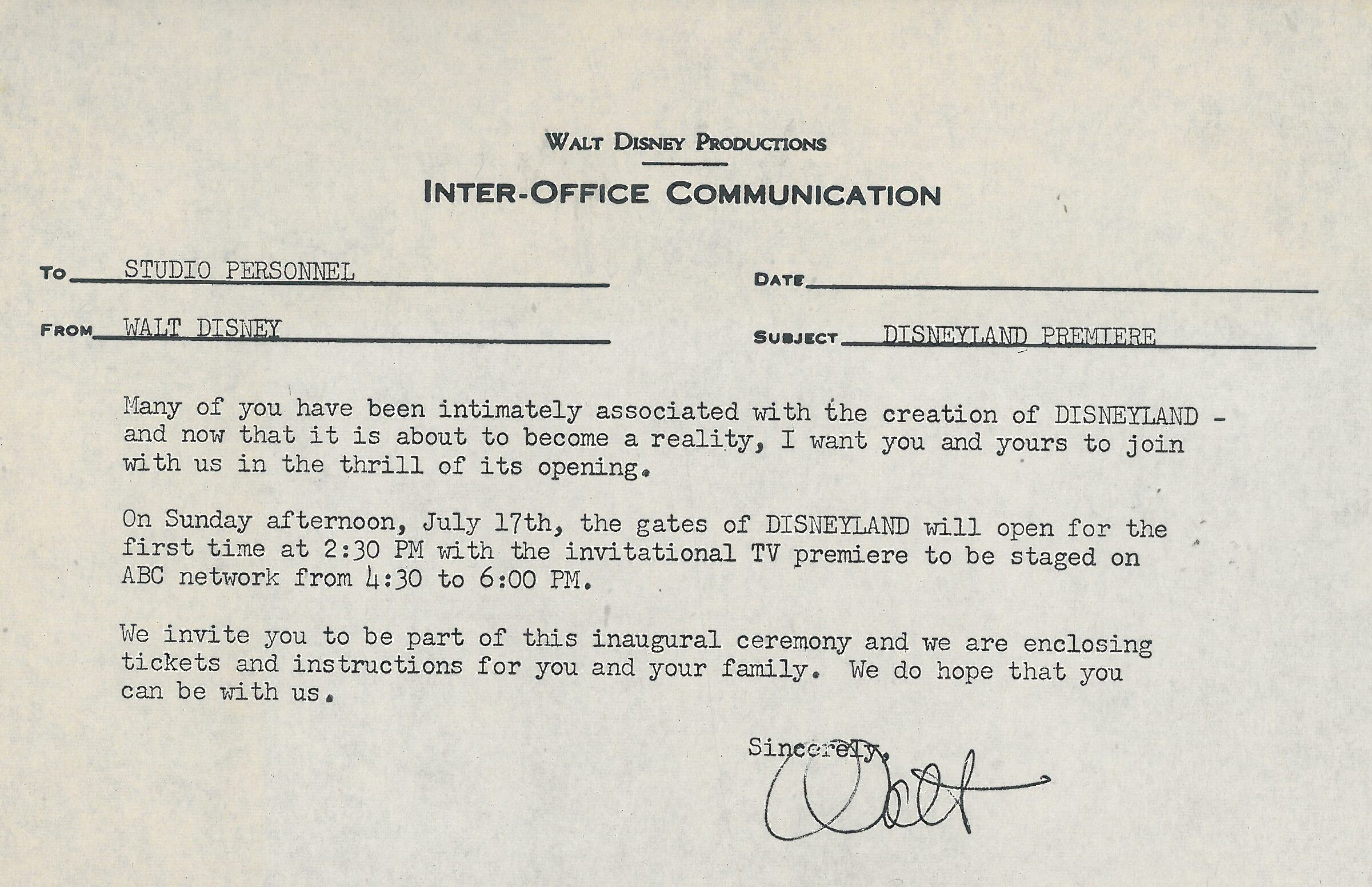 A Memo from Walt Disney the opening of Disneyland