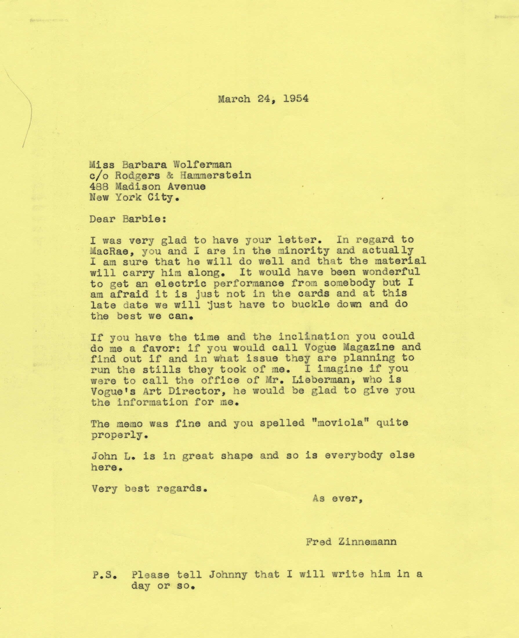 Letter from Fred Zinnemann to Barbara Wolferman regarding casting of Gordon MacRae, March 24, 1954