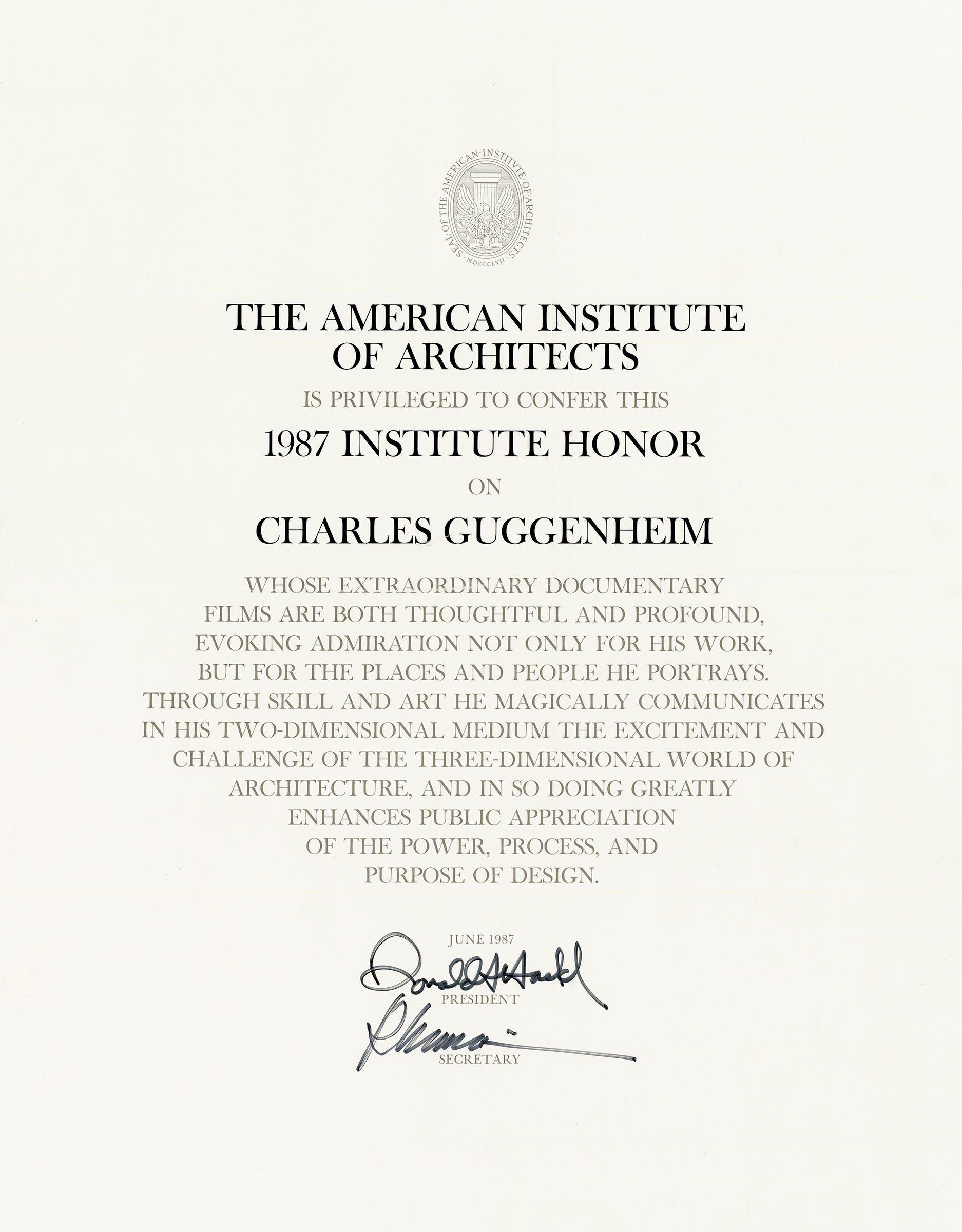 American Institute of Architects certificate, 1987