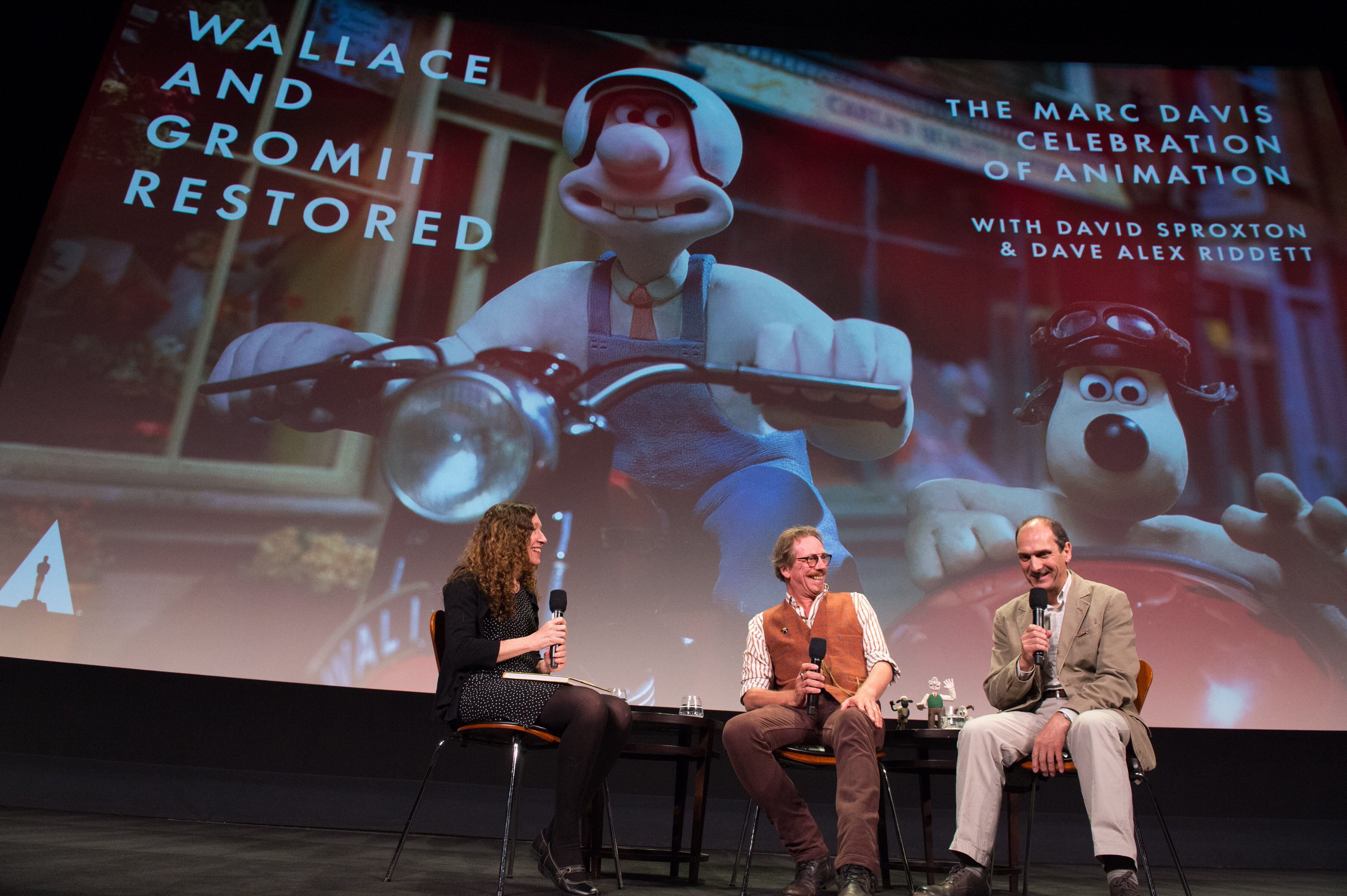 Animation historian Maureen Furniss (left), cinematographer Dave Alex Riddett (center) and Aardman Animations’ co-founder David Sproxton during "Wallace and Gromit Restored"