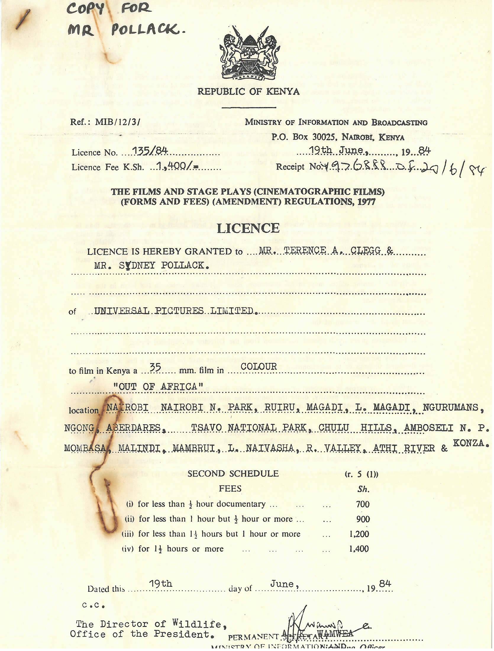 Kenya filming license