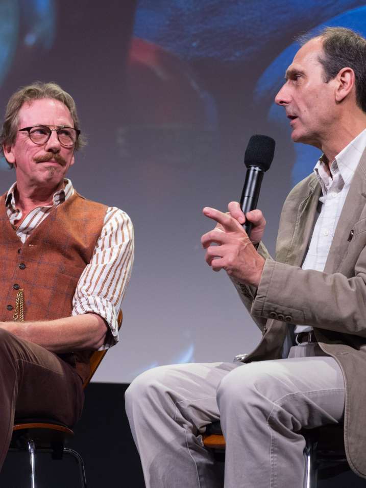 Cinematographer Dave Alex Riddett (left) and Aardman Animations’ co-founder David Sproxton during "Wallace and Gromit Restored" presented by the Academy of Motion Picture Arts and Sciences as part of the Marc Davis Celebration of Animation, on Friday, August 7, 2015.