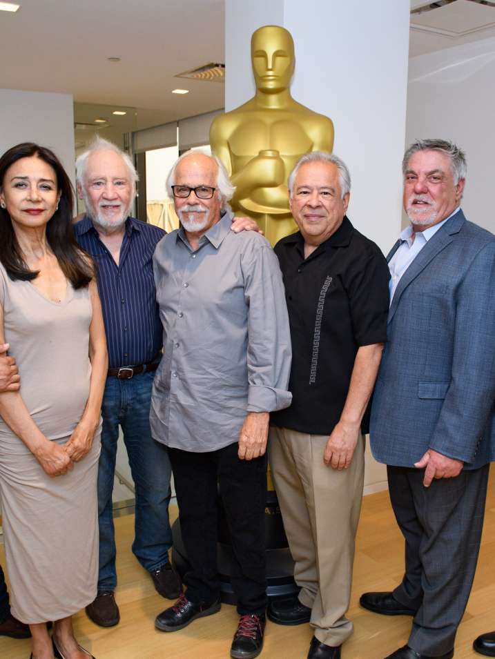 "The Ballad of Gregorio Cortez" cast and crew. Pictured (left to right): Edward James Olmos, Rosanna DeSoto, Robert M. Young, Reynaldo Villalobos, Moctesuma Esparza, Bruce McGill and Tom Bower